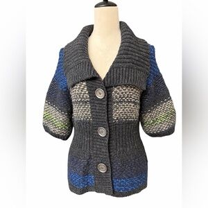 Free People Charcoal Gray Chunky Knit Cardigan with Blue & Green Accents